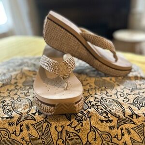 Volatile Tan Wedge Sandals with Natural Woven Strap